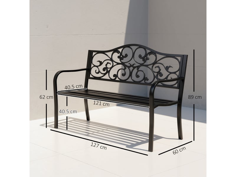  Banc de jardin 2 places avec dossier décoré en fonte et métal, 127 x 60 x 89 cm, noir  - Conforama E