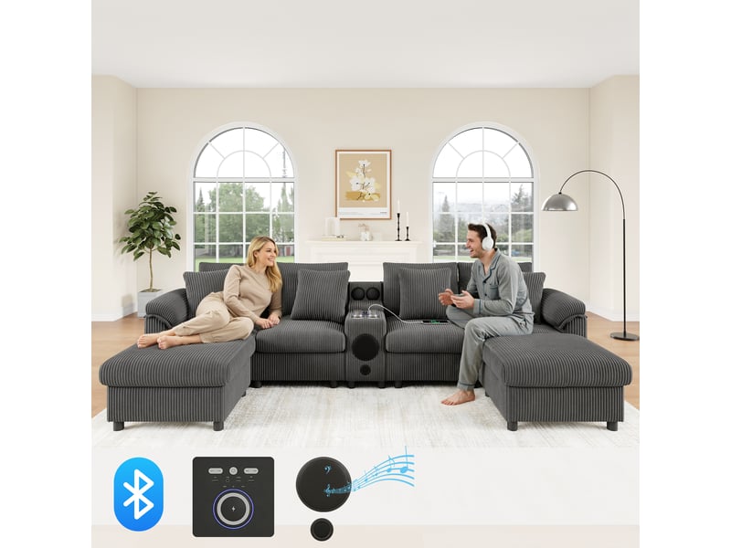  Canapé modulable velours côtelé gris canapé d'angle en u avec haut-parleur bluetooth, chargeur sans fil, rangement et porte-gobelets  - Conforama W