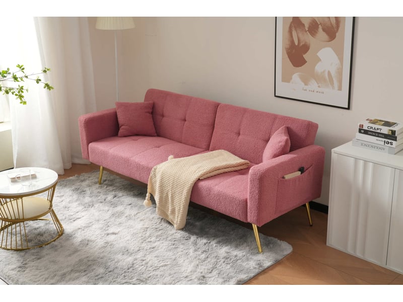 Canapé droit 2 pl convertible, clic clac, style simple, canapé confort, pied en métal, tissu bouclette rose - Conforama B