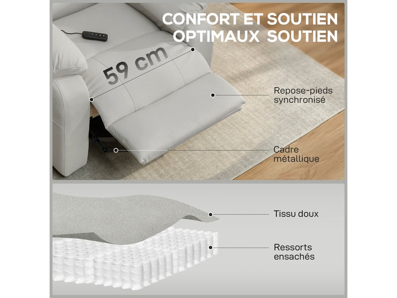  Fauteuil relax électrique fauteuil inclinable port usb repose-pieds poches latérales télécommande 96x90x103cm crème  - Conforama E