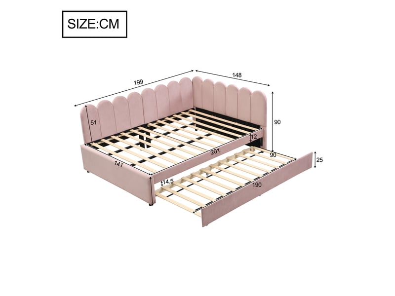 Lit banquette 140x200 cm – rose – lit gigogne à roulettes et dossier capitonné en velours – sans matelas - Conforama C