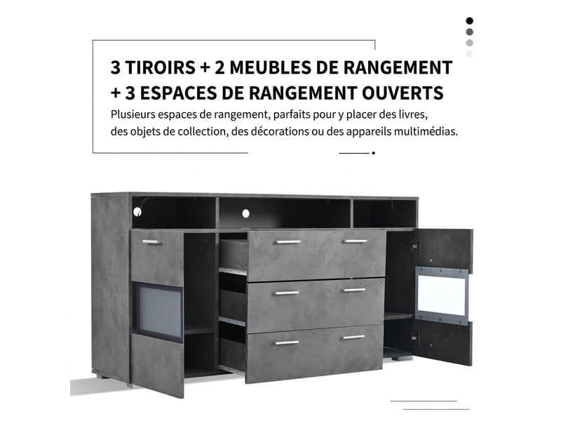 Buffet moderne gris 140 cm avec éclairage led et portes en acrylique transparent - 3 tiroirs 2 portes - Conforama R