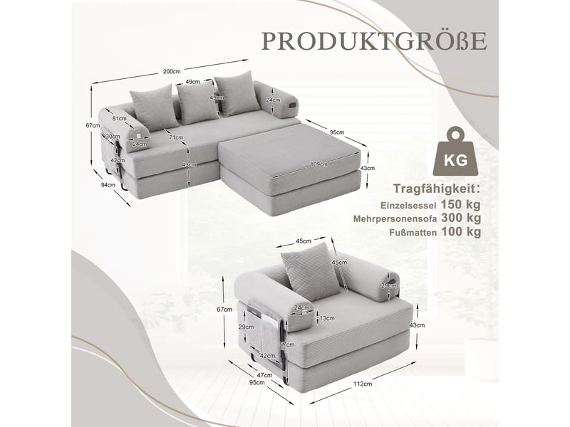  Canapé modulable, canapé 4 places – poches latérales, mousse haute densité, avec pouf, en velours tricoté  - Conforama R