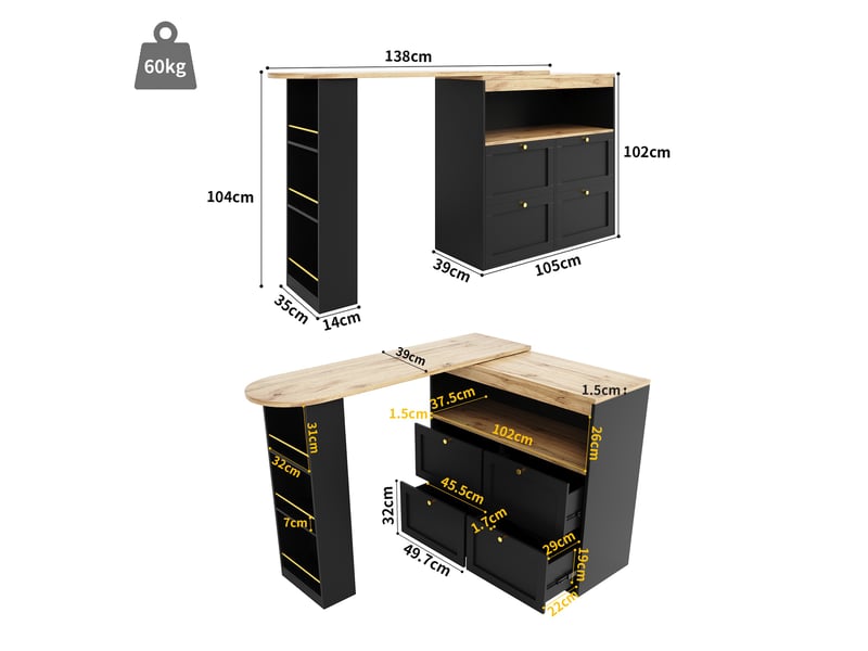  Buffet de cuisine noir,table bar rotation 360° avec 2 tabourets de bar et 4 tiroirs, design moderne, pratique,138x39x105cm  - Conforama E