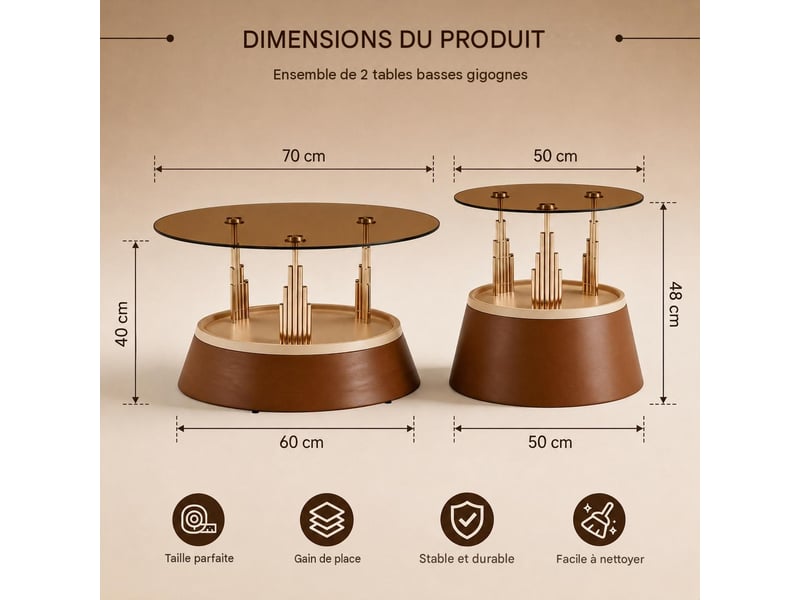  Lot de 2 tables basses gigognes verre trempé et métal marron 70 x 48 x 60 cm W3658P433971 - Conforama C