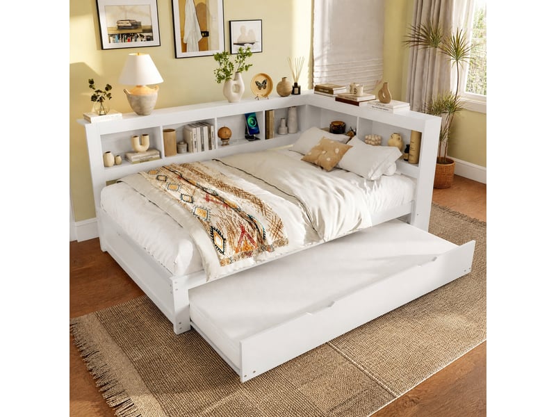  Lit gigogne 140x200 cm avec prises usb et rangements, blanc  - Conforama B