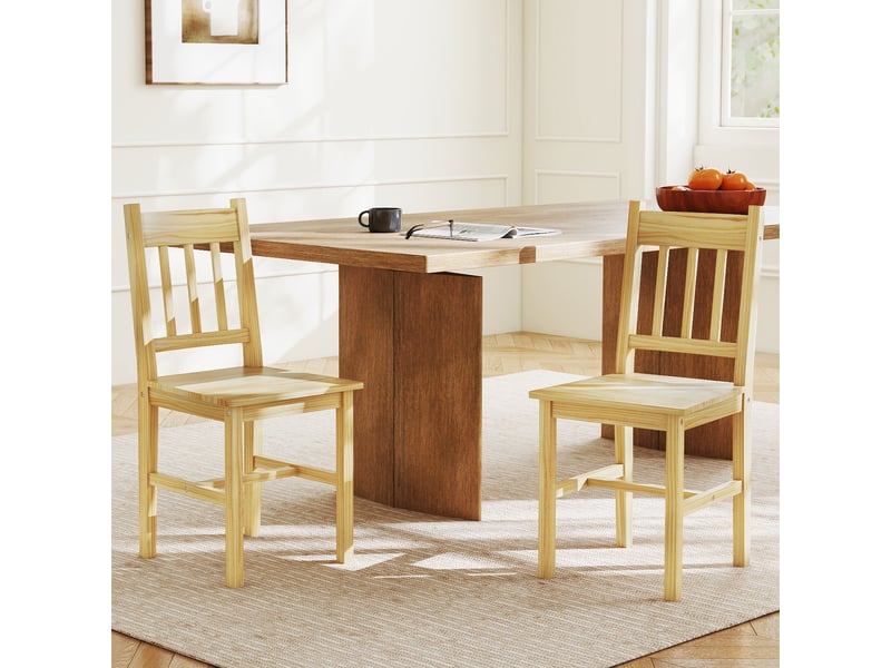  Ensemble de 2 chaises de salle à manger en bois naturel, chaises de cuisine avec dossier à lattes, assise large, bois naturel  - Conforama D