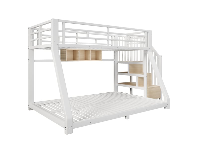 Lit superposé métal blanc 90x200 et 140x200 cm avec led, escalier de rangement, 3 compartiments et barrières, sans matelas BrimViber - Conforama A