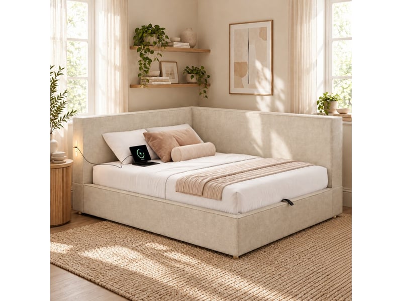  Lit de repos pour enfant, 140 x 190 cm, lit rembourré avec rangement, éclairage led et ports de charge, tissu chenille, beige  - Conforama D