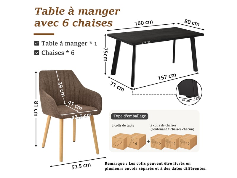  Ensemble table et 6 chaises - table rectangulaire 160x80 cm monobloc en chêne noir et pieds métal, 6 chaises en tissu marron moka et pieds bois  - Conforama C