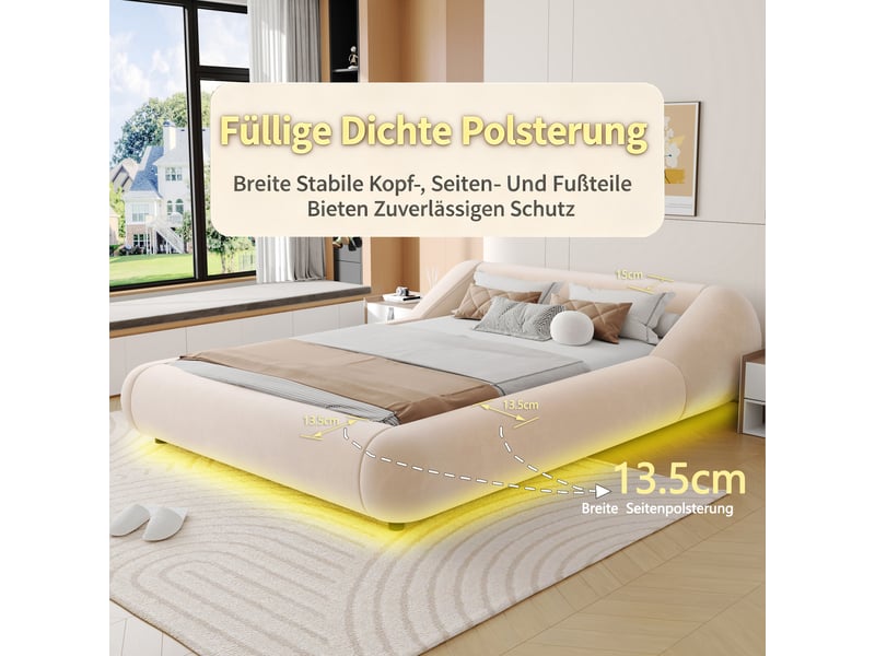Lit 2 places 140x200 cm en velours avec tête de lit enveloppante, cadre flottant led, design arrondi moderne beige - Conforama E