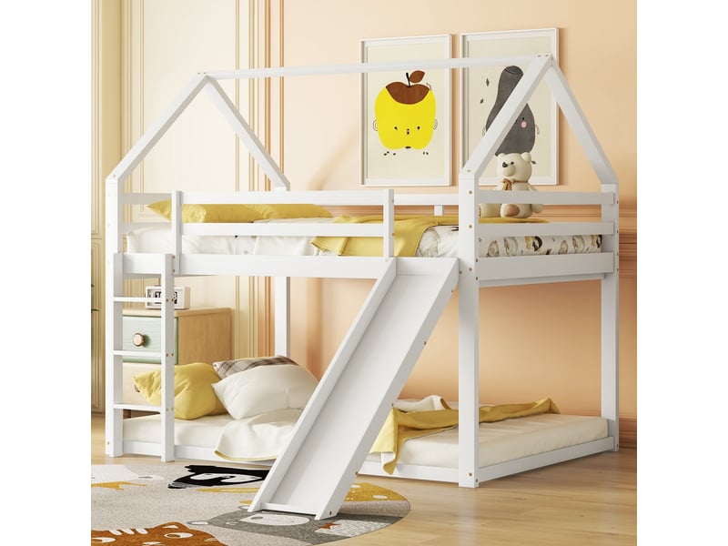  Lit cabane superposé 140x200 cm, lit enfant avec toboggan et échelle de sécurité, structure en bois massif pour chambre, blanc et gris  - Conforama B