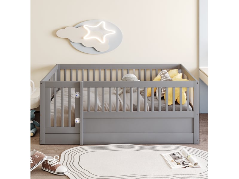  Lit enfant 140x200 cm avec barrière et porte bois gris sans matelas  - Conforama C