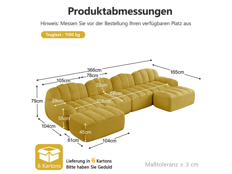 Canapé panoramique coquille 4 places, 2 poufs jaune – 366 x 165 x 79 cm Fay Lum - Conforama C