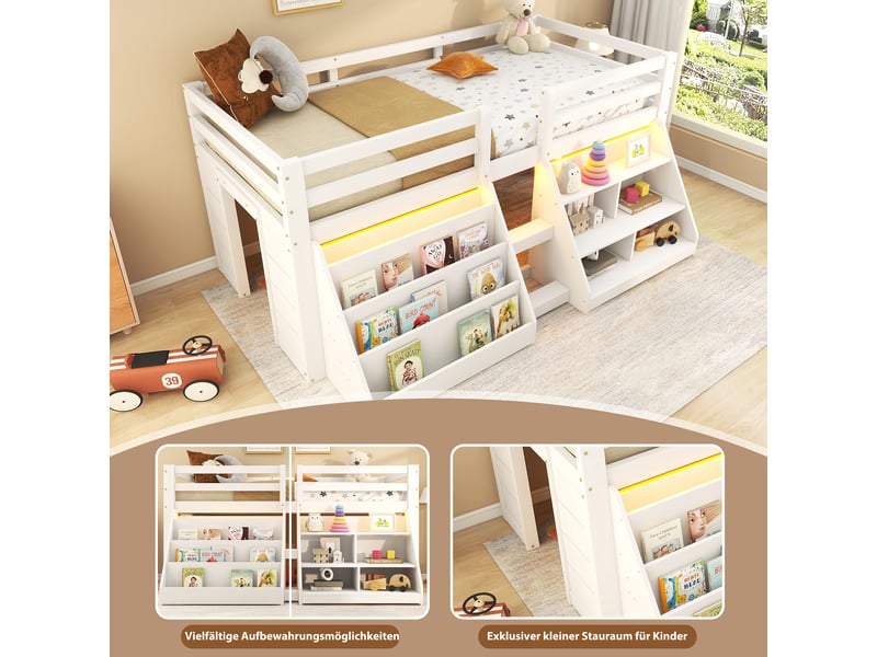  Lit simple 90x200 cm avec plusieurs étagères de rangement, lit enfant avec rampe et échelle, cadre de lit en bois de pin, blanc  - Conforama R