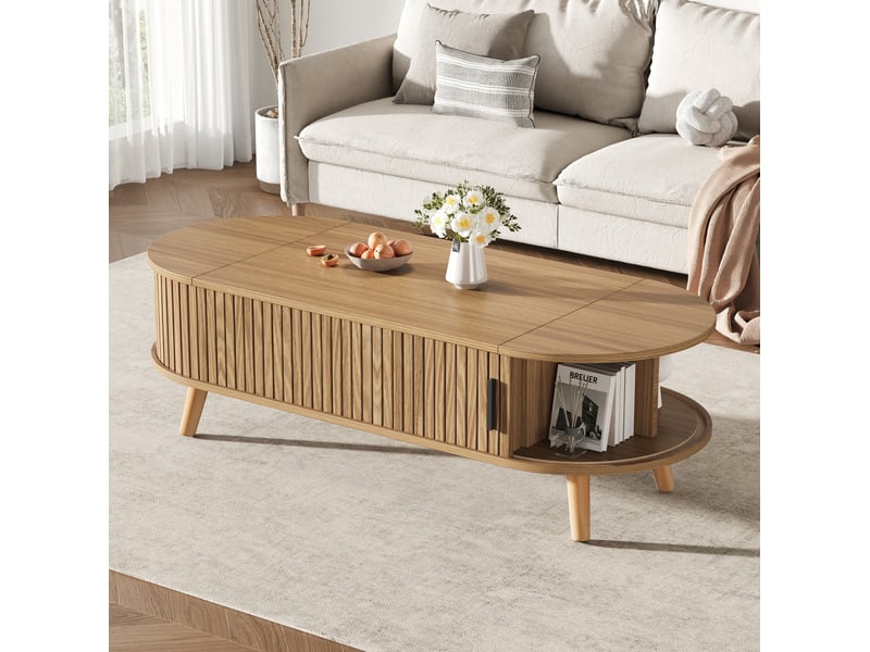  Table basse relevable avec 2 rangements latéraux et espace caché, style naturel, 4 pieds en bois, pour salon, en mdf  - Conforama C