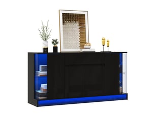 Buffet vitrine 150x40x75cm double porte, tiroir, éclairage led piloté par appli et espace de présentation, façades brillantes, panneaux de particules,noir