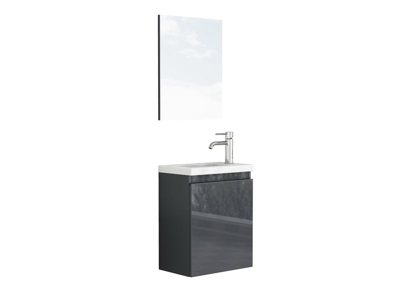 Meuble sous vasque mural avec lavabo en céramique et miroir, portes à fermeture douce, pour salle de bain, gris brillant - Conforama A