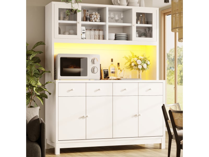 Buffet haut 140 x 38,5 x 180 cm en bois naturel - led rvb pilotée par app, portes vitrées, 4 tiroirs, étagères, 100 kg - Conforama B