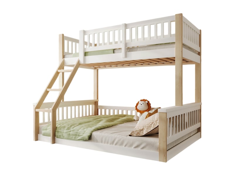  Lit superposé enfant 90x200 et 140x200 cm avec échelle et barrières, blanc naturel  - Conforama A