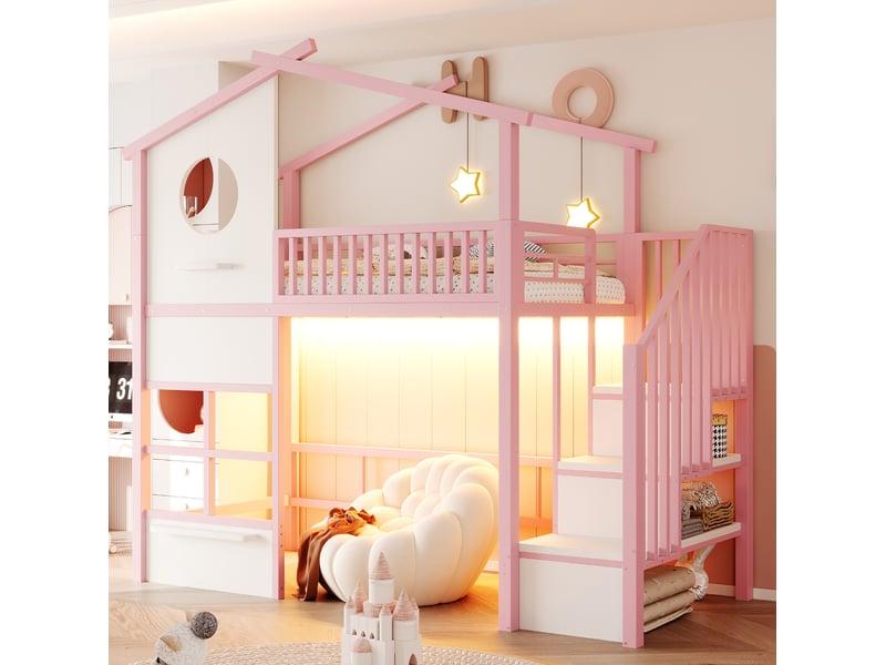 Lit mezzanine cabane 90x200 cm avec escalier de rangement et led, rose et blanc - Conforama B