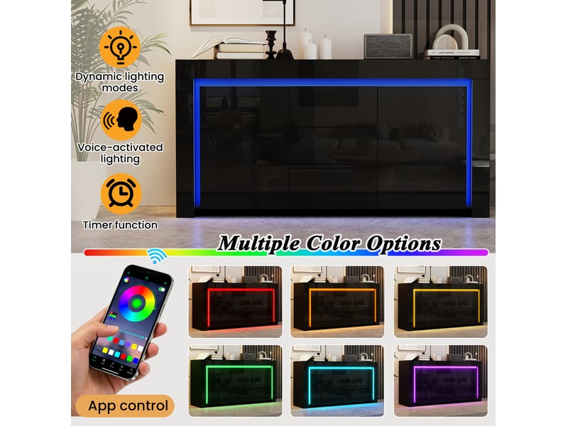 Buffet 140x40x65 cm, 2 portes, 3 tiroirs, éclairage led, design moderne, mdf noir, finition laquée brillante, rangement - Conforama E