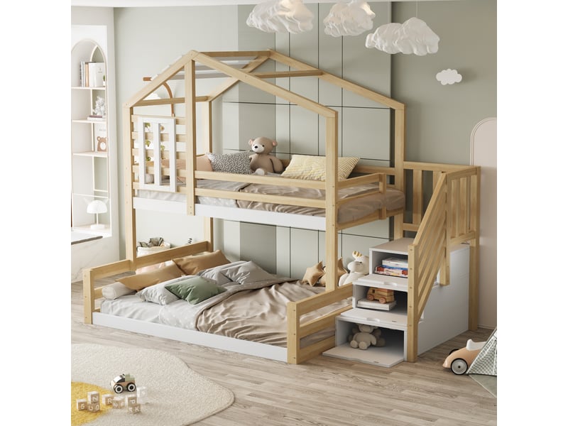  Modenvie lit superposé cabane 90x200140x200 cm - avec escalier de rangement, sans matelas - naturel  - Conforama D