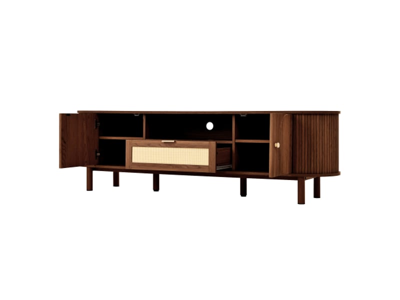  Meuble tv moderne en rotin avec tiroirs et casiers ouverts - plateau arrondi, pieds métal-bois, mobilier salon  - Conforama D