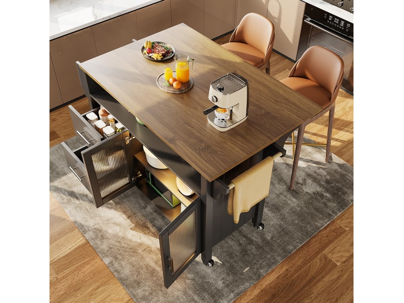 Desserte de cuisine noire en mdf 139 cm, plateau rabattable, led et roulettes  - Conforama E