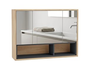 Meuble salle de bain avec miroir, armoire toilettes murale avec placards à 3 portes et 8 compartiments, chêne