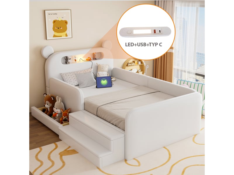  Lit enfant 90x200 cm blanc en similicuir avec tête de lit ours, veilleuse, usb et rangement  - Conforama D