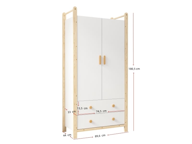  Maisentiel armoire 2 portes avec barre de penderie et 2 tiroirs 89,6 x 44 x 180,5 cm blanc et pin  - Conforama D