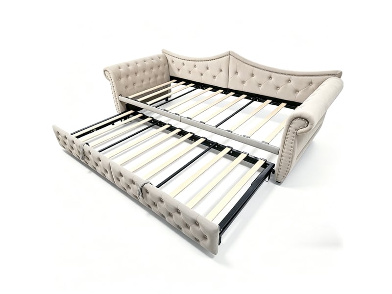 Lit gigogne 90x200 cm, canapé-lit 3-en-1 extensible en velours beige avec led et usb, sans matelas - Conforama A