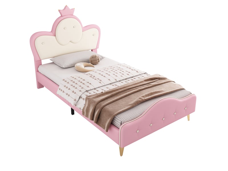  Modenvie lit enfant capitonné 90x200 cm - avec led, tête de lit couronne - pour chambre d'enfant - rose  - Conforama A