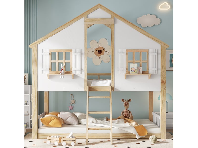  Lit superposé enfant 90x200 cm avec toit, fenêtres et échelle inclinée 3 marches, mdf, blanc et naturel sans matelas  - Conforama B