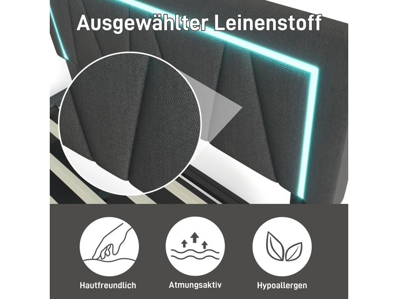  Lit coffre 160x200 cm beige lin avec led, usb-c et sommier à lattes, grand rangement, sans matelas  - Conforama E