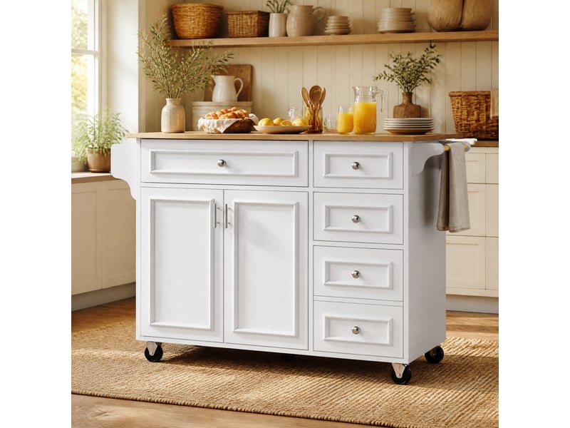  Îlot de cuisine pliant sur roulettes 110 x 45-75 x 92 cm, mdf blanc avec rangements  - Conforama B