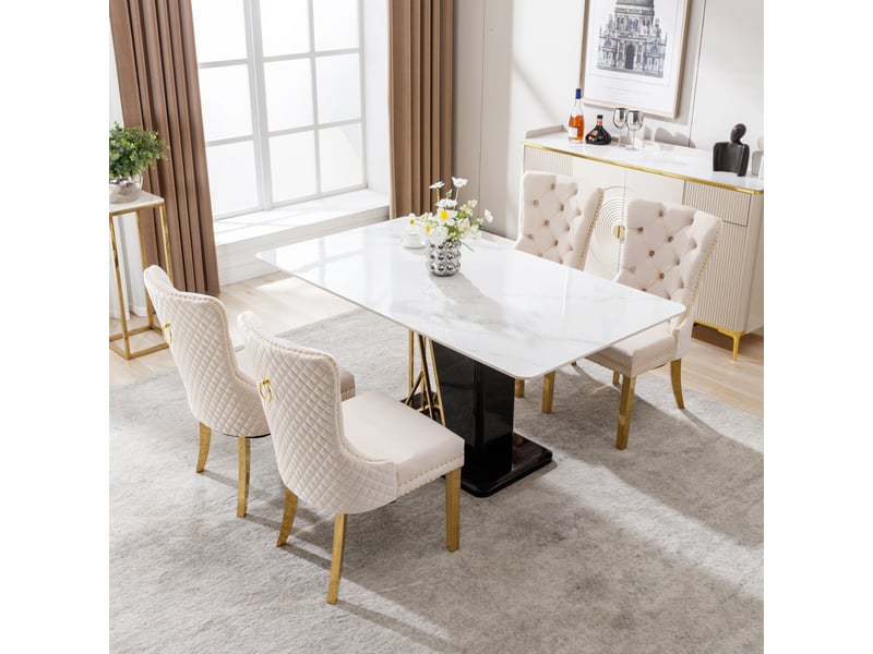 Lot de 4 chaises de salle à manger en velours beige avec pieds en acier inoxydable doré et anneau au dos - Conforama B
