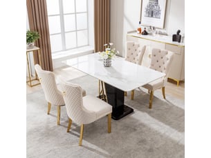 Lot de 4 chaises de salle à manger en velours beige avec pieds en acier inoxydable doré et anneau au dos