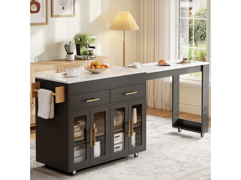  Îlot de cuisine noir avec desserte de cuisine à roulettes, table de bar extensible et portes en verre, 132,5-217x50x93 cm  - Conforama D