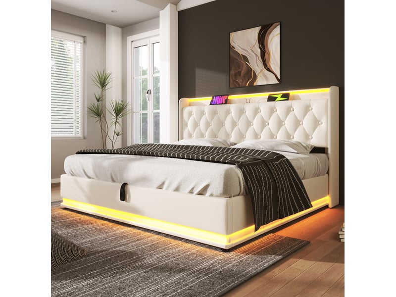  Lit coffre tcqpz 160 x 200 cm avec matelas led 360° usb type-c blanc pu  - Conforama D