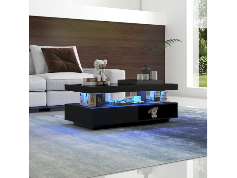  Table basse noire brillante 95 x 50 x 42,5 cm avec led, 2 tiroirs et 4 inserts en verre  - Conforama C