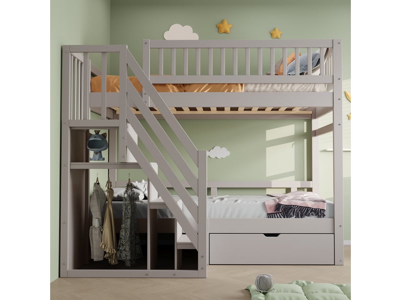  Lit superposé en bois massif 90*200 cm, gris, échelle avec rangement, tiroirs et garde-corps élevé pour enfants  - Conforama E