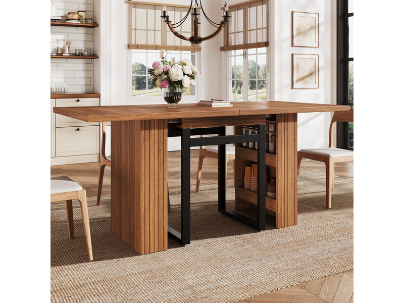  Table à manger extensible avec rangement intégré, rallonge 3 positions, pieds métal, décor bois, brun foncé evarich - Conforama E