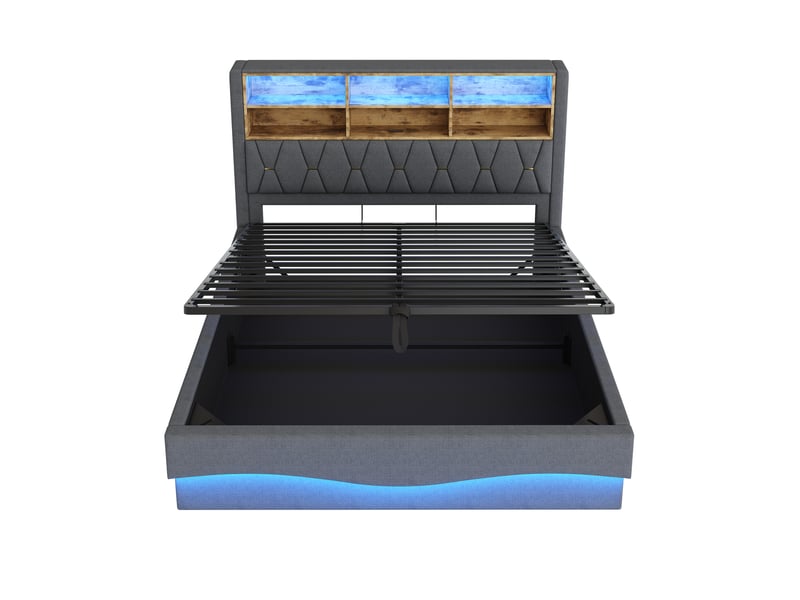  Lit coffre 180x200 cm gris tissu avec led pilotée par application, ports usb et relevage hydraulique, sans matelas  - Conforama E