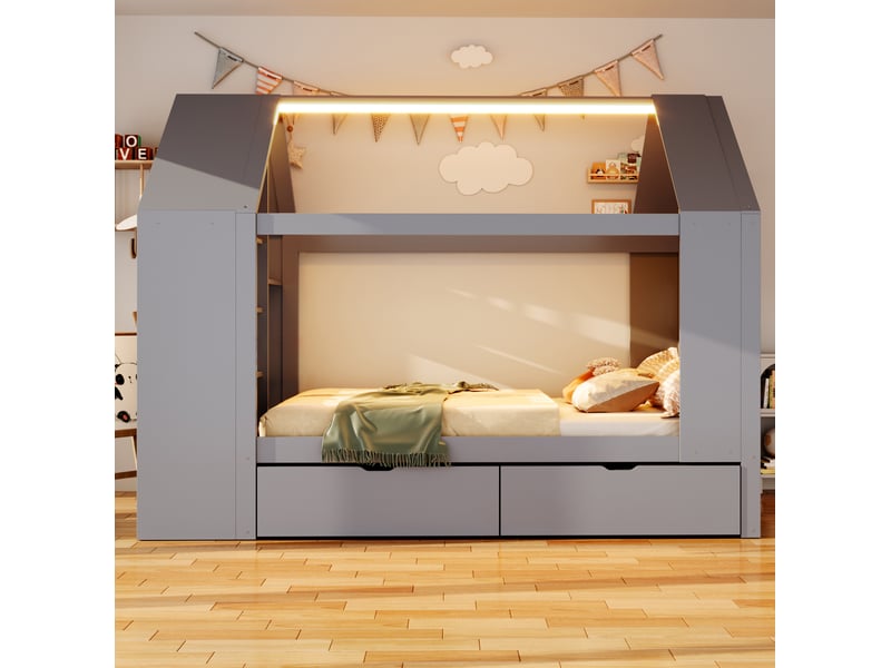  Lit cabane modenvie 90 x 200 cm avec 2 tiroirs, led, rangement, gris, bois et mdf  - Conforama D
