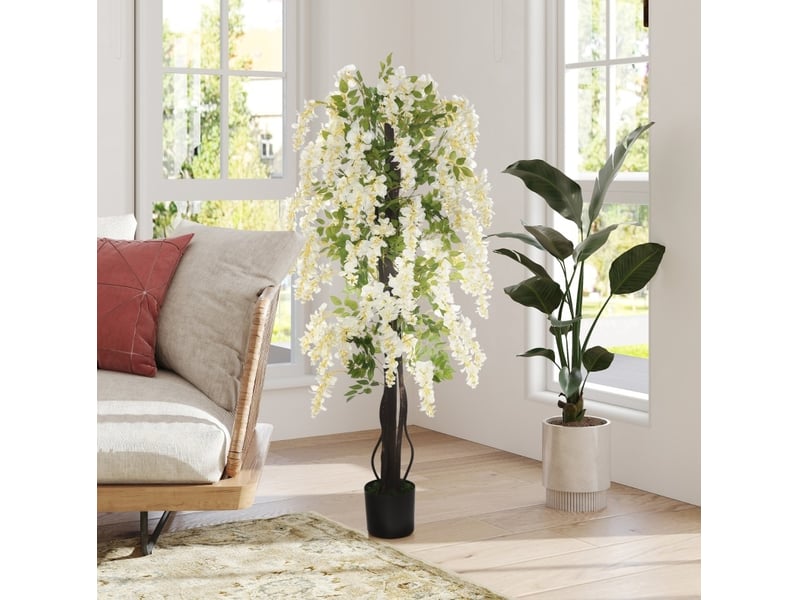  Plante artificielle glycine décorative 165 cm – blanc – pot avec base en ciment, intérieur et extérieur  - Conforama B