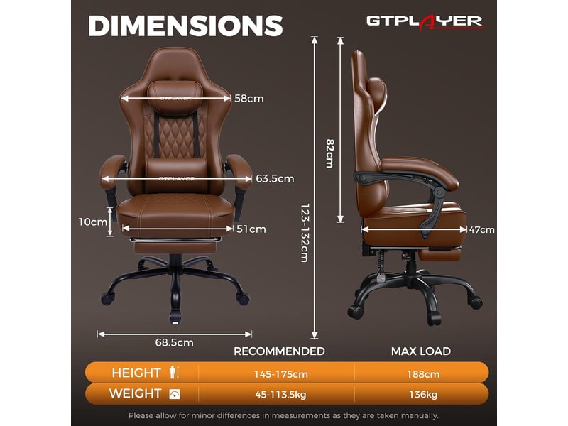  Gtplayer chaise de jeu ergonomique avec soutien lombaire et dossier large 150kg - tissu marron GT832-BROWN - Conforama B