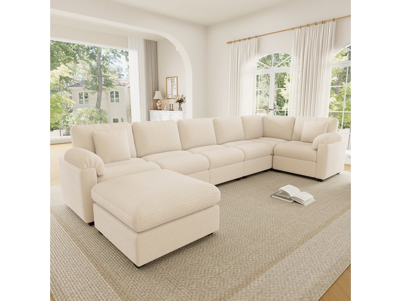  Canapé d'angle modulable xxl 7 places 274,5x210,5x85,5 cm en ul avec pouf séparé, coussins, velours côtelé spacieux - beige Bliss Lite - Conforama D