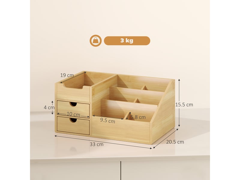  Boite de rangement de bureau - organiseur de bureau - 7 compartiments, 2 tiroirs - bambou verni, bambou  - Conforama C